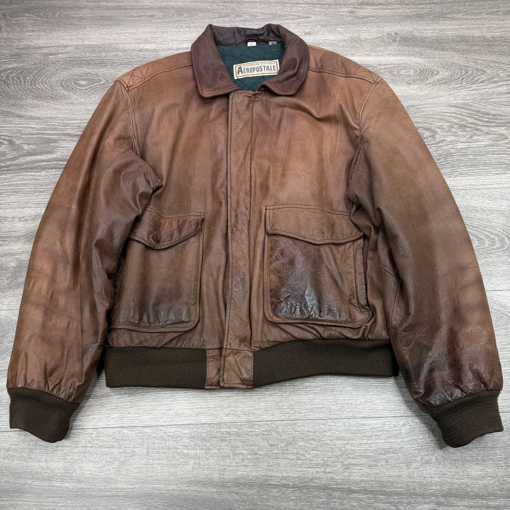 Vintage Aeropostale Leather Bomber Jacket Men Large Brown A-2 Flight Military